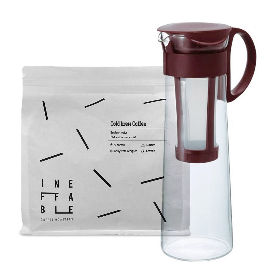 Pack de café cold brew con cafetera hario mizudashi de 1 litro y 1 kg de café de especialidad para cold brew