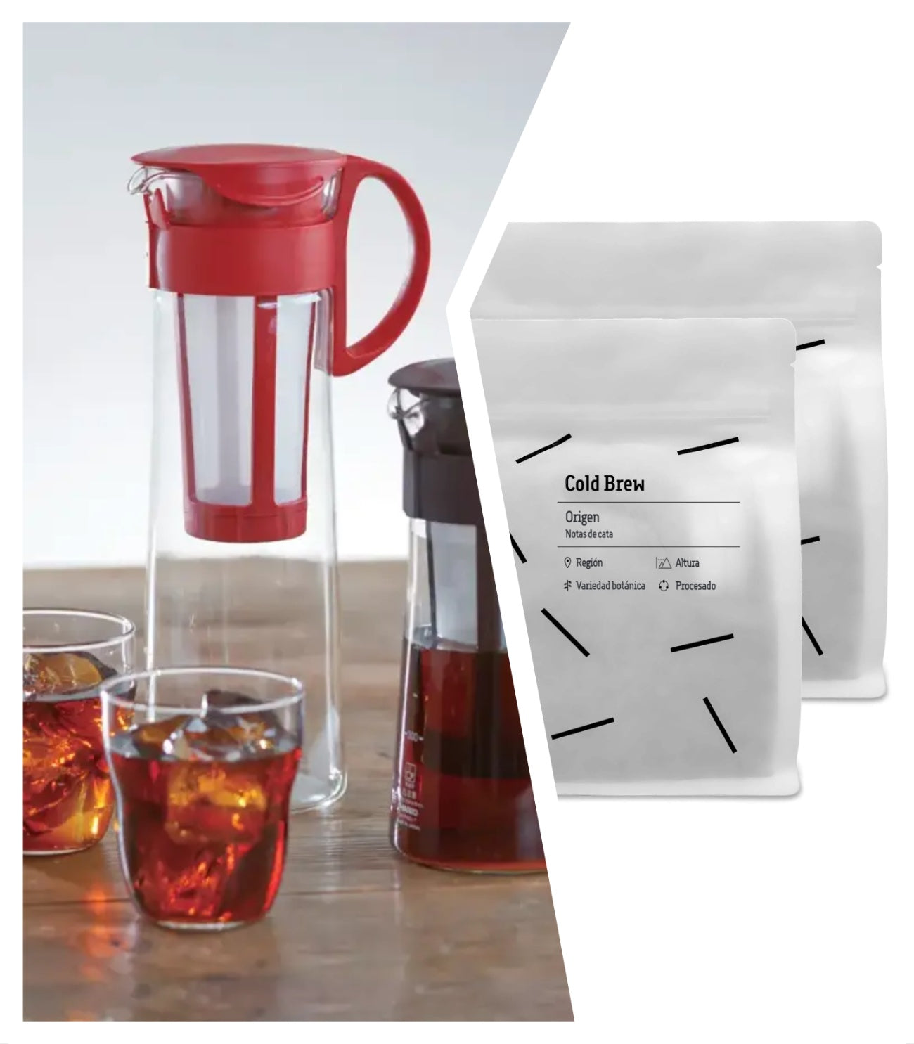 Pack de café cold brew con cafetera hario mizudashi de 1 litro y 2 paquetes de 250 gramos de café de especialidad para cold brew