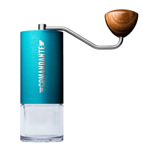 Comandante Hand Grinder C40 Nitro Blade Alpine Lagoon is a powerful, hand coffee grinder, with an advanced conical burr set design with a stainless steel body and high-nitrogen martensitic steel burrs.