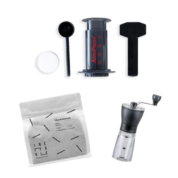 Specialty Coffee Gift Pack or Kit, including an AeroPress, Hario Mini Mill grinder, and seasonal specialty coffee.