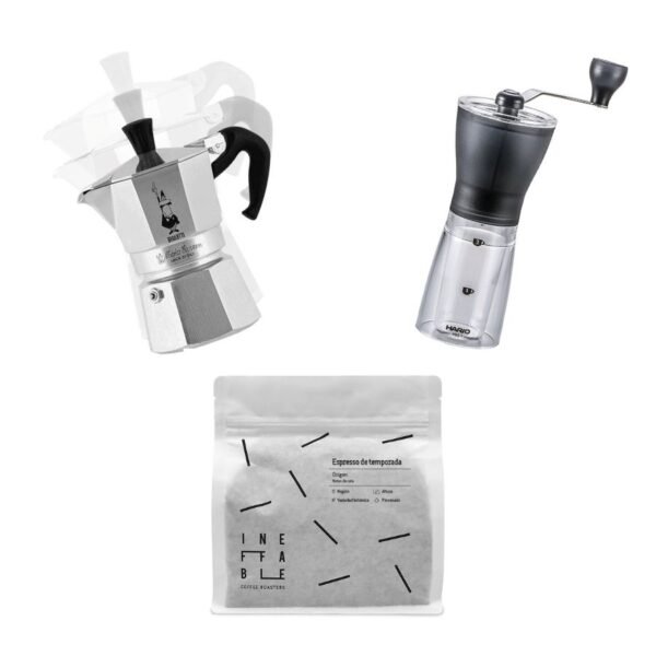 Coffee Gift Pack or Kit including a packet of specialty coffee, a Bialetti Italian coffee maker, and a Hario Mini Mill grinder.
