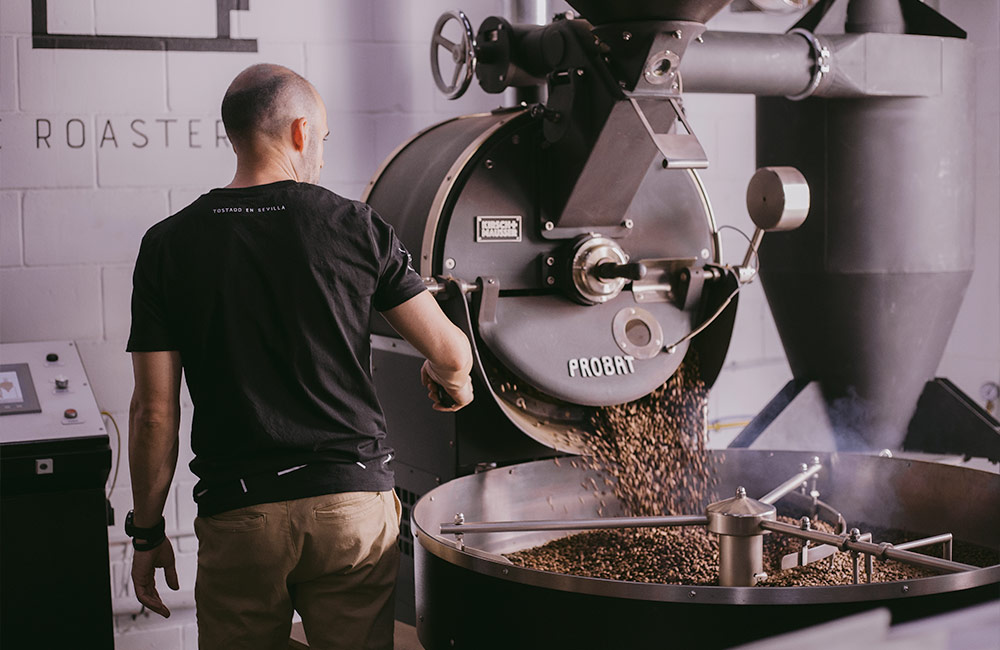 Tostando café de especialidad en máquina Probat en el tostadero Ineffable Coffee Roastes