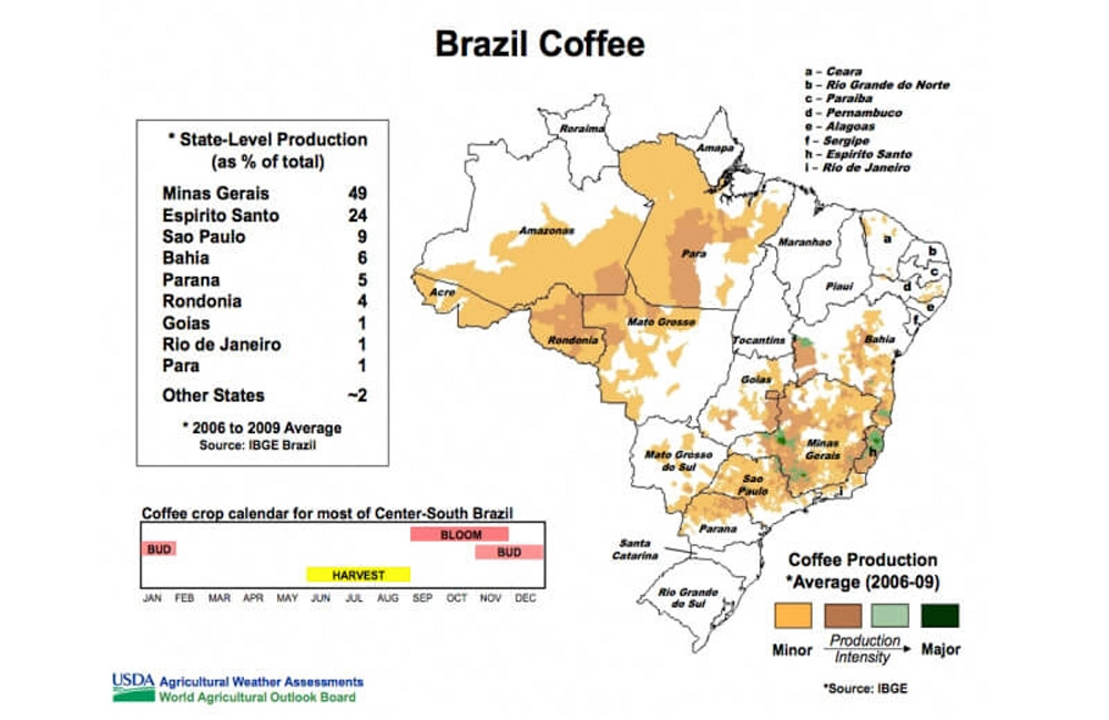 Mapa de las principales zonas de cultivo de café de Brasil