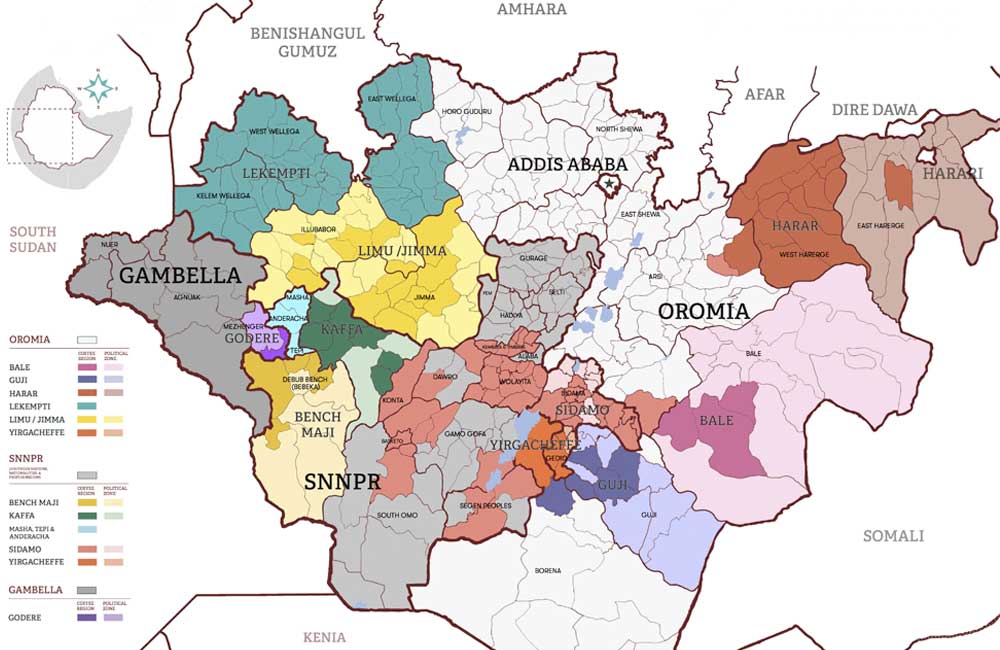 Map showing the main specialty coffee growing regions in Ethiopia